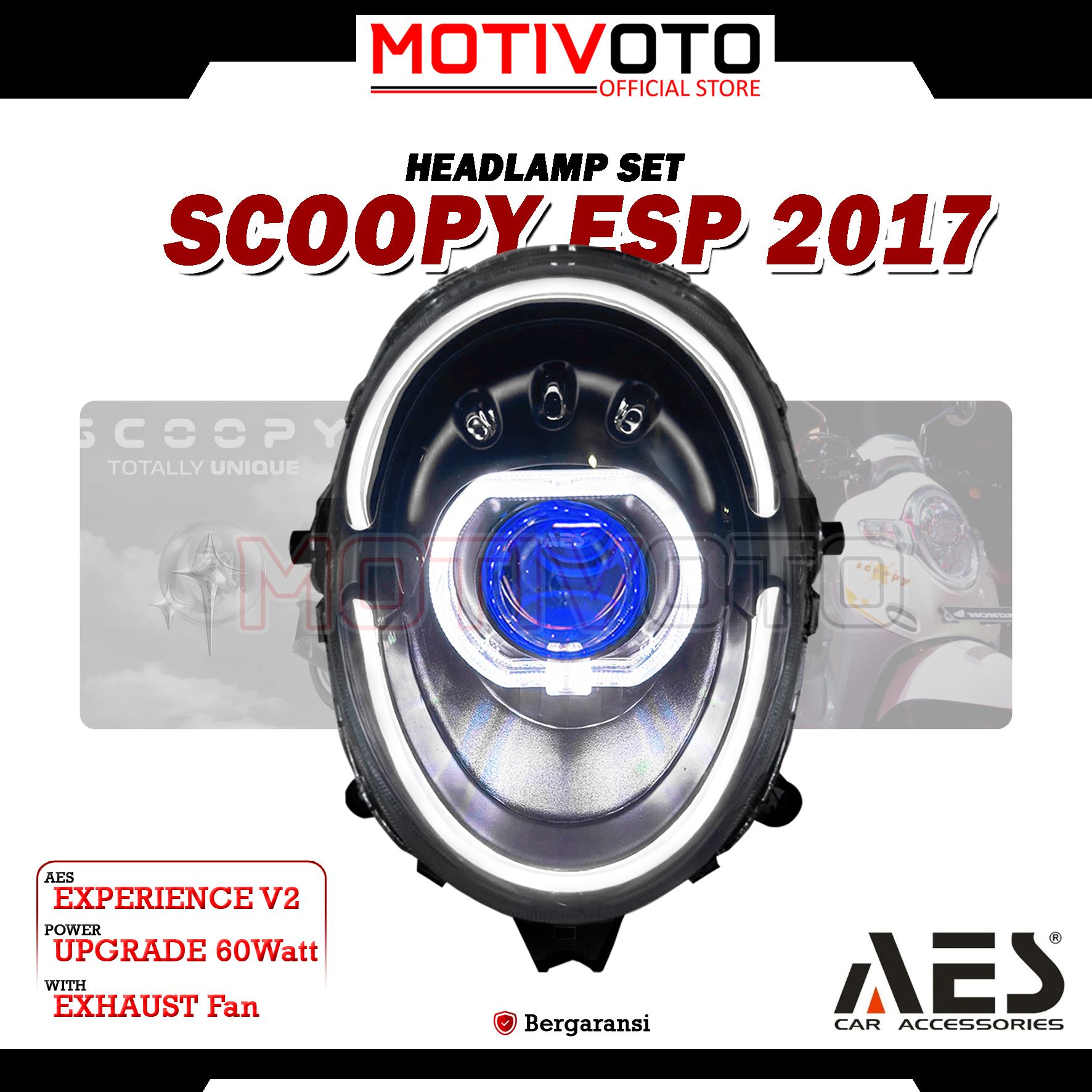 Headlamp Projie BiLED AES Scoopy Donat 2017 + Saklar PNP Lampu Depan Bi-LED AES Turbo SE Experience 2.5inch 60Watt Honda Scoopy ESP 2017-2020 with Exhaust Fan RGB