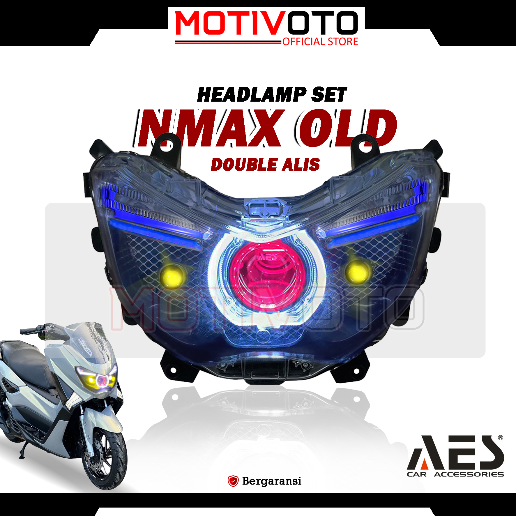 Headlamp Projie BiLED AES Nmax Old 2 Alis + D2 Laser + Saklar PNP Lampu Depan Bi-LED AES Turbo SE Experience 2.5inch 60Watt Yamaha Nmax Old 2DP 2014-2019 with Exhaust Fan RGB