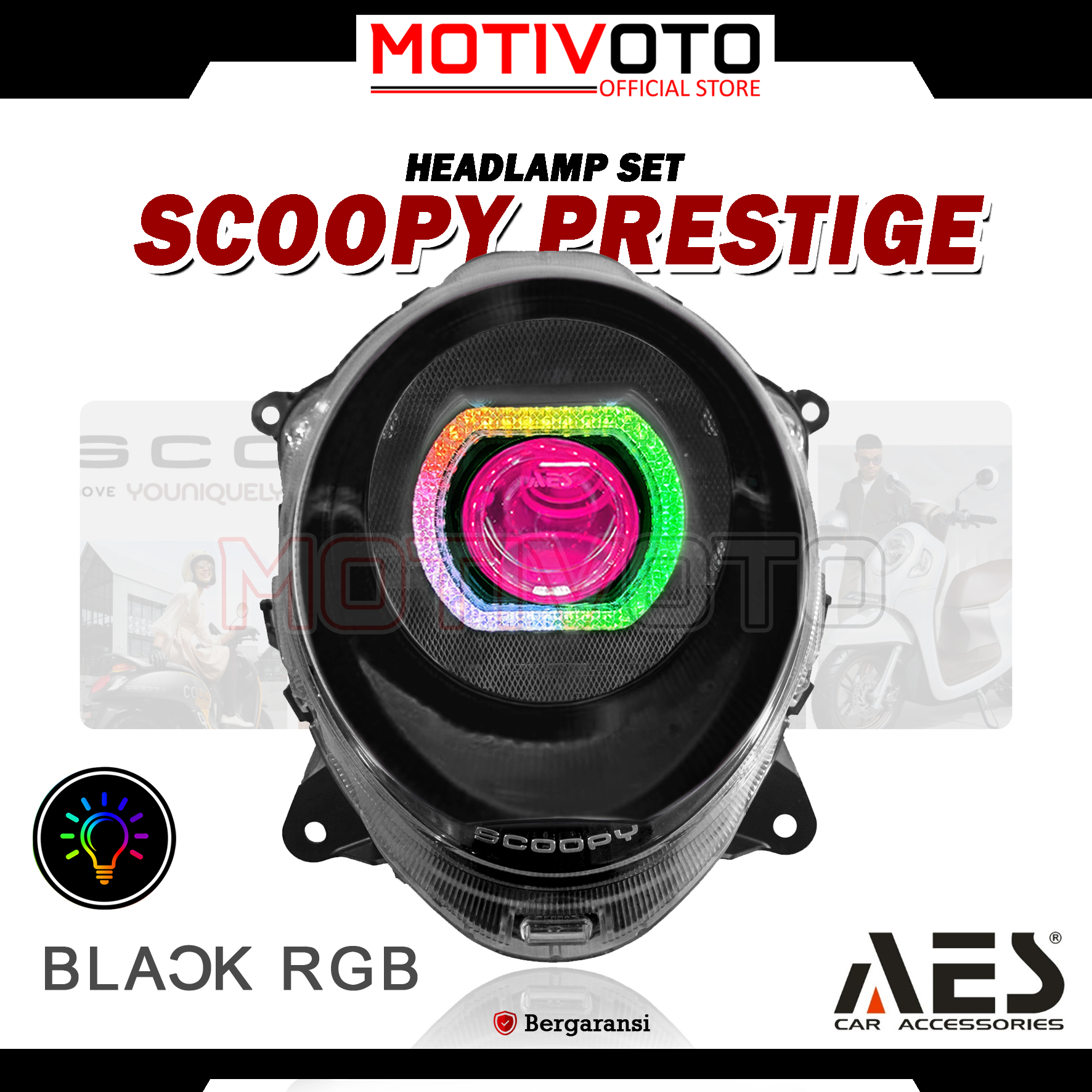 Projie BiLED AES Scoopy Prestige 2020 RGB tanpa alis + Saklar PNP Lampu Depan Headlamp Bi-LED AES Turbo SE Experience 2.5inch 60Watt Scoopy Prestige K2F 2020-2024 with Exhaust Fan RGB
