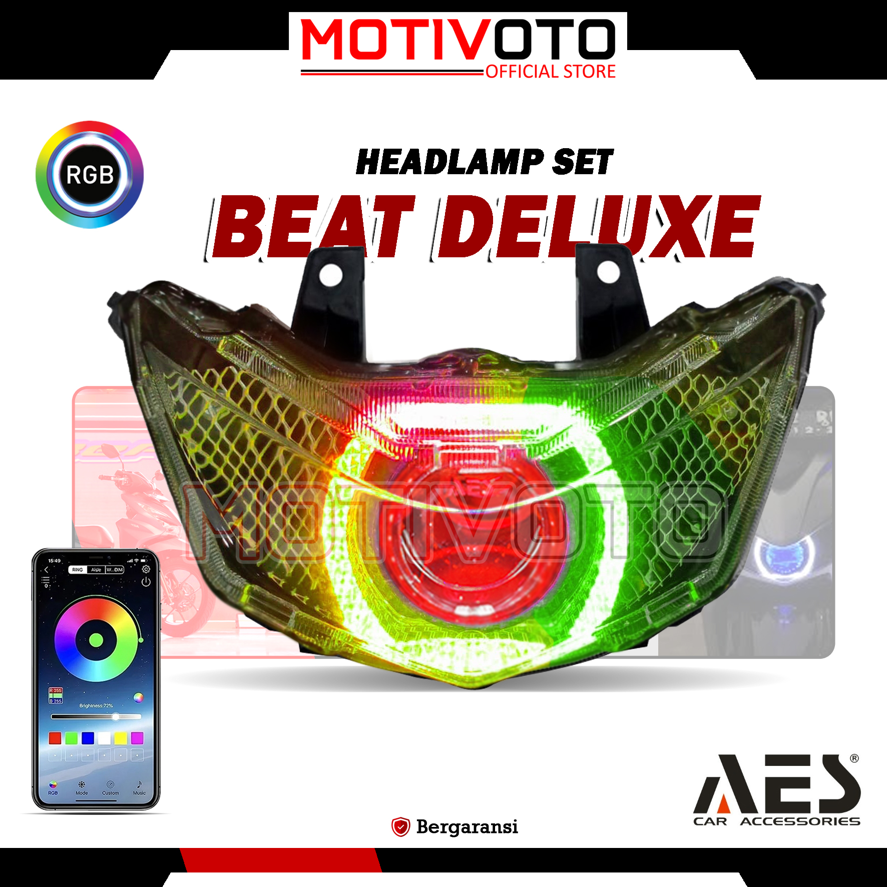 Headlamp Projie BiLED AES Beat Deluxe Street Gen 1 Full RGB + D2 Laser + Saklar PNP Lampu Depan Bi-LED AES Turbo SE Experience 2.5inch 60Watt Honda Beat Street / Beat Deluxe Gen 1 K1A 2020-2024 with Exhaust Fan RGB