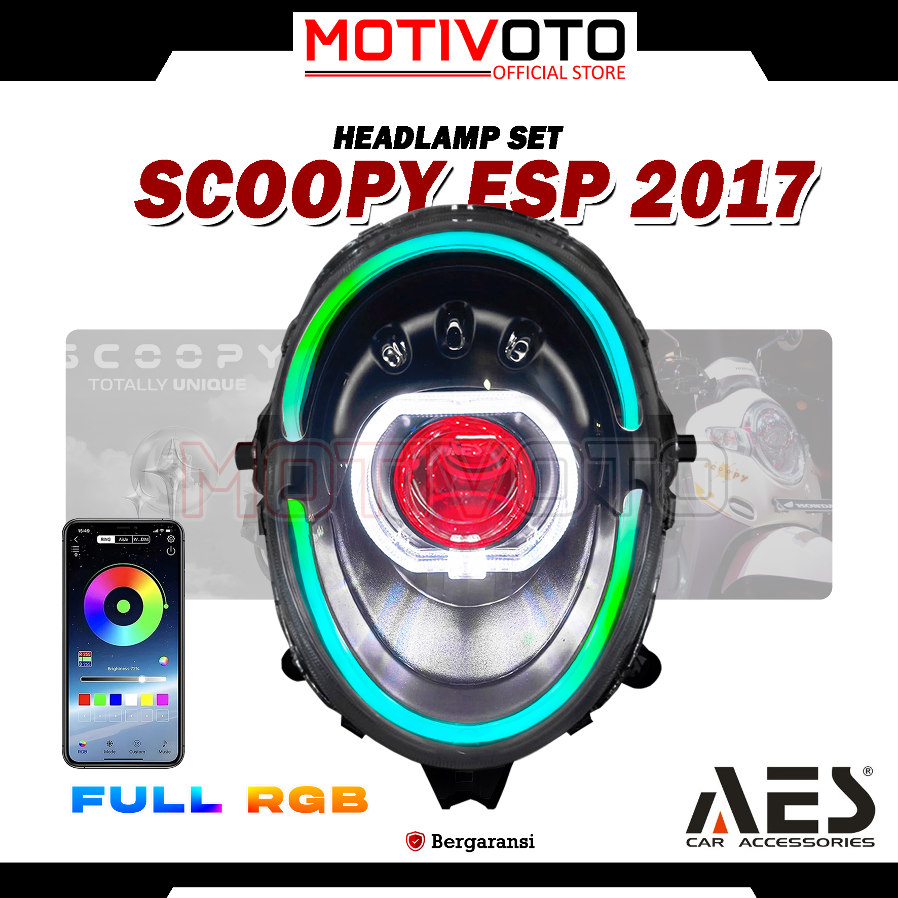 Headlamp Projie BiLED AES Scoopy Donat 2017 Full RGB + Saklar PNP Lampu Depan Bi-LED AES Turbo SE Experience 2.5inch 60Watt Honda Scoopy ESP 2017-2020 with Exhaust Fan RGB