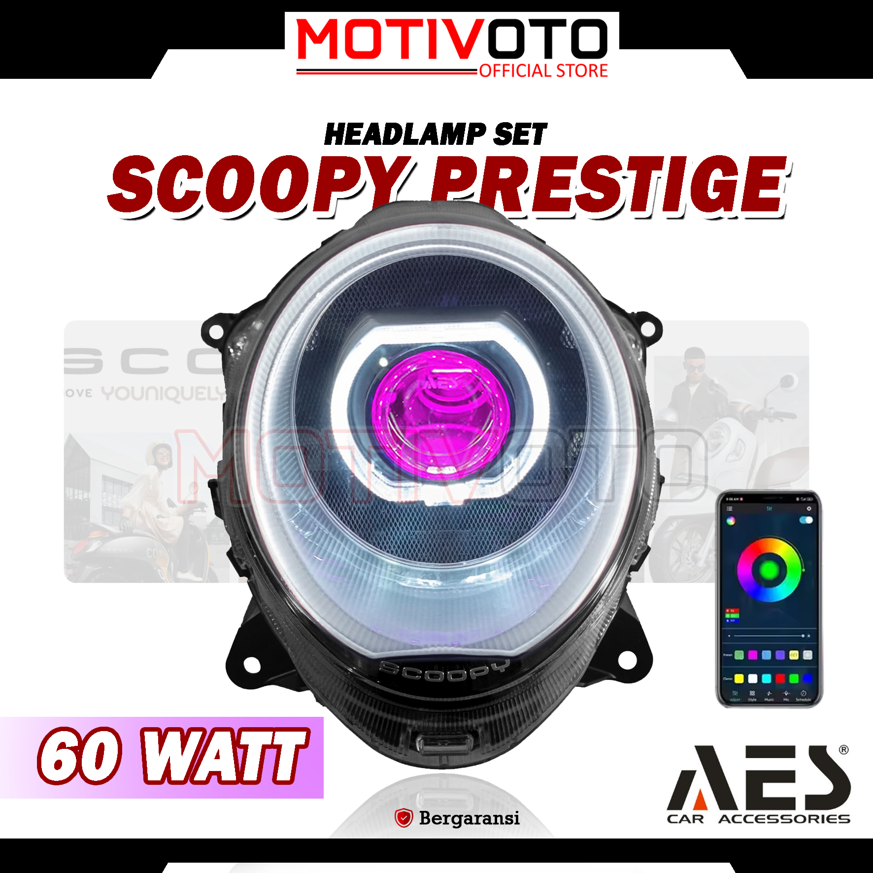 Headlamp Projie BiLED AES Scoopy Prestige 2020 Lampu Depan Bi-LED AES Turbo SE Experience 2.5inch 60Watt Honda Scoopy Prestige K2F 2020-2024 with Exhaust Fan RGB