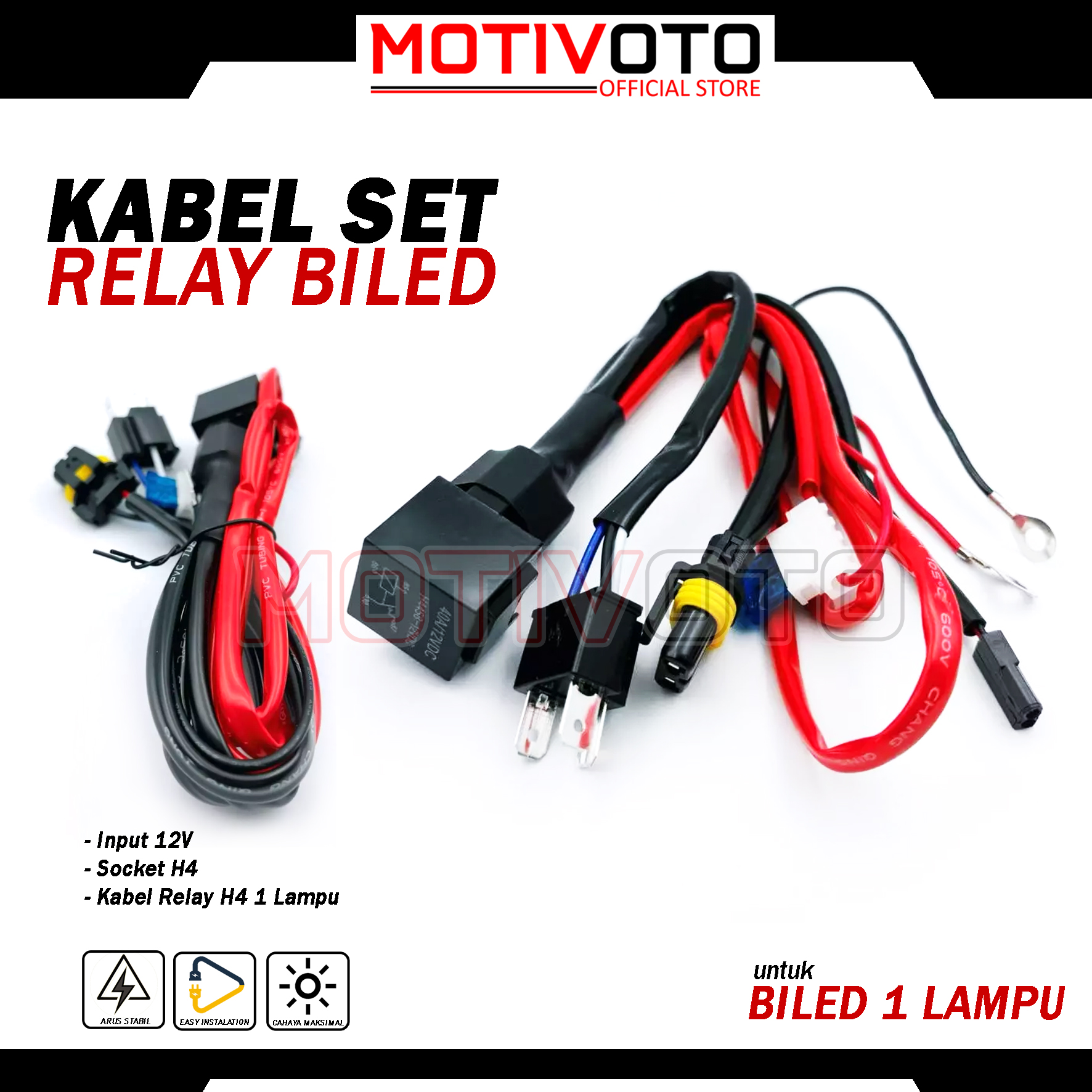 Kabel Relay Set Socket H4 HID Projie Projector Biled LED 1 Lampu Arus DC 12V 40A untuk Motor BeAT Scoopy Mio J Universal Kualitas Premium Anti Air