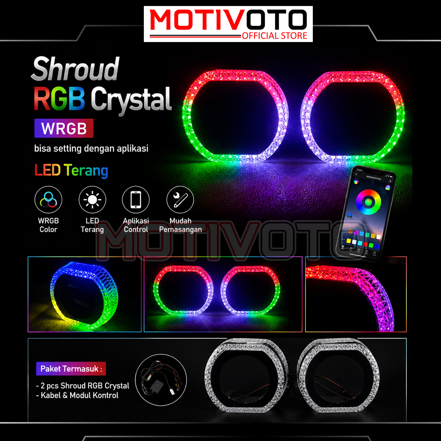 Sepasang Shroud Acrylic RGB Aplikasi 2.5 Inch WRGB by Apps Bluetooth Shroud Projector BiLED Acrylic Angel Eye Akrilik Crystal 5D untuk Headlamp Projie Biled Nmax Aerox PCX ADV BeAT Vario 125/150 Mio LED Light Neon Universal Motor Mobil Waterproof