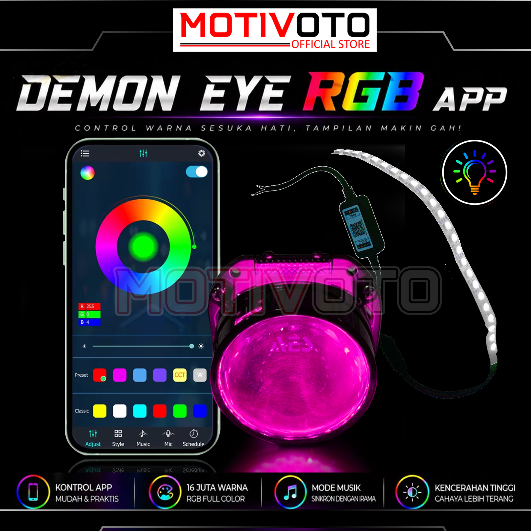 Devil Eye LED Strip RGB App Bluetooth Projector Projie Biled DC 12 Volt Lampu Bi-LED AES 2.5 inch Nmax ADV Vario 125 Scoopy BeAT PCX AEROX Universal