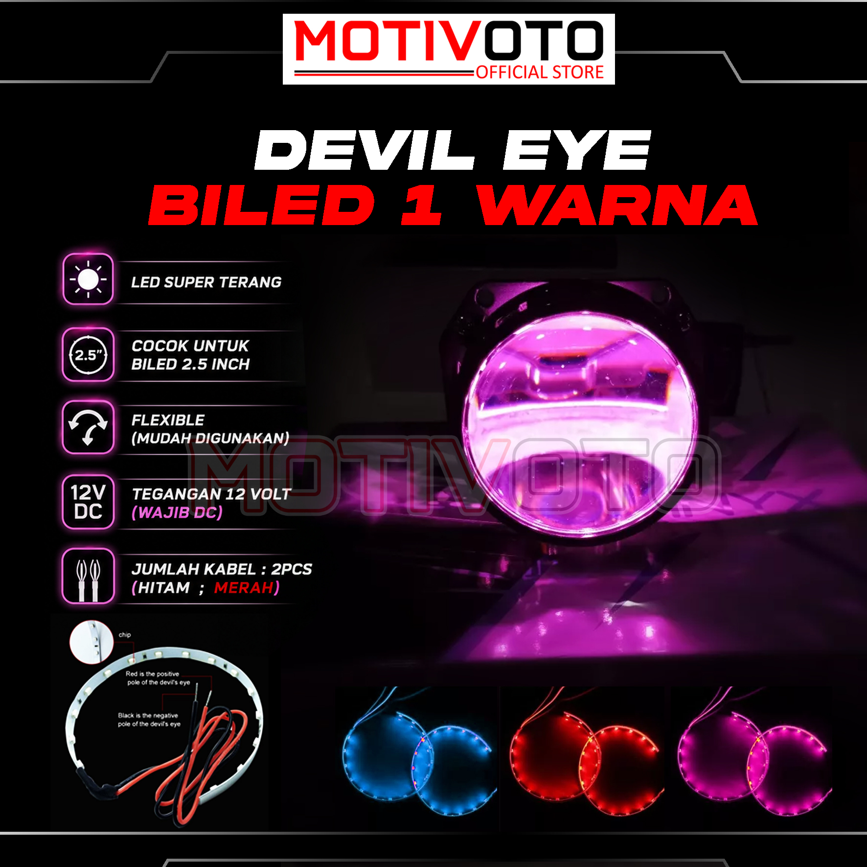 Devil Eye Biled LED Strip 1 Warna Super Terang Demon Ring Projie Biled DC 12 Volt Lampu Bi-LED AES 2.5 inch Nmax ADV Vario 125 Scoopy BeAT PCX AEROX Universal