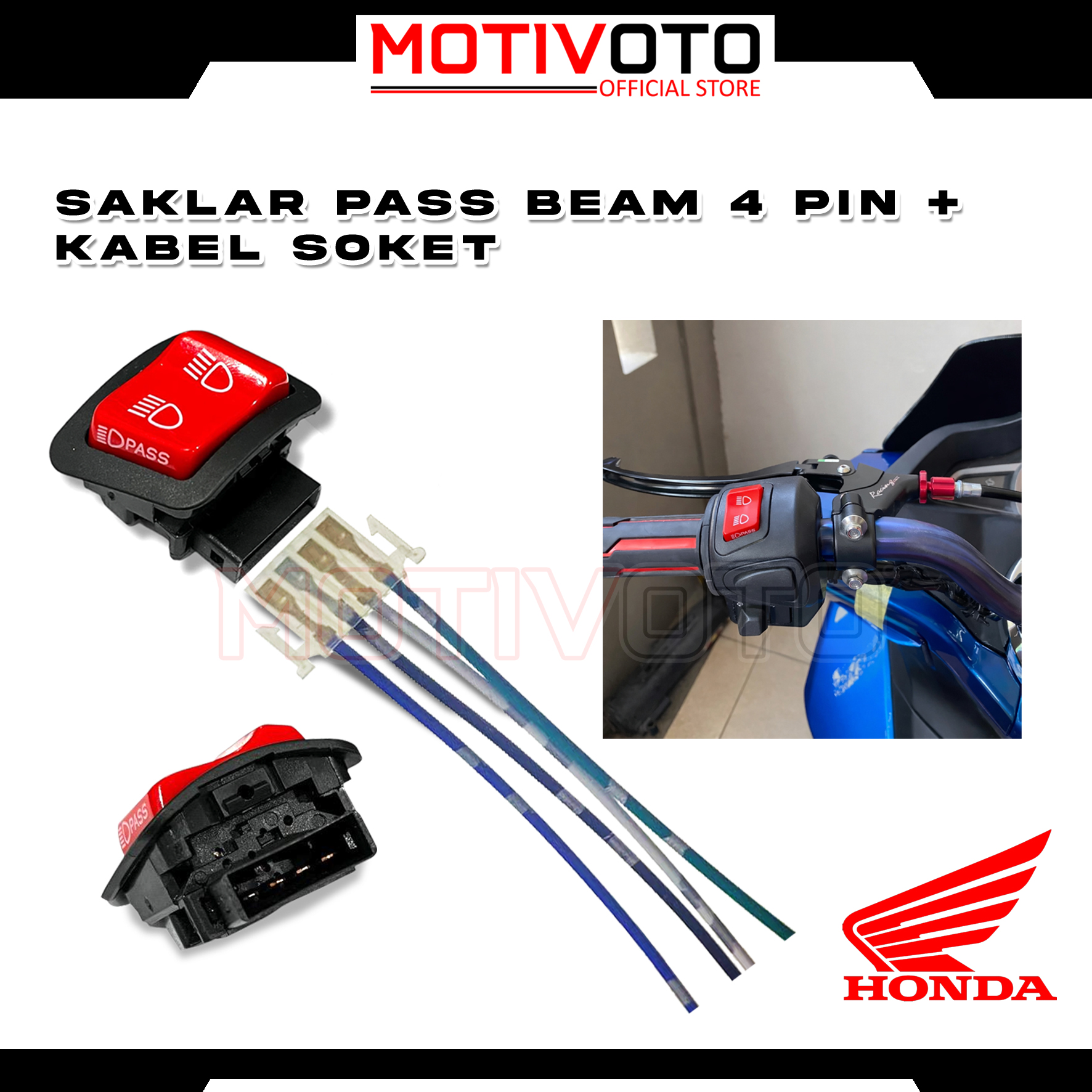 Tombol Saklar Passbeam Honda Vietnam Merah Tombol Passbeam Piwpiw Dim Lampu Jauh Dekat + Socket 4 Pin Honda BeAT Fi Revo Scoopy Vario 125 Bohlam KZR Supra X 125 Fi